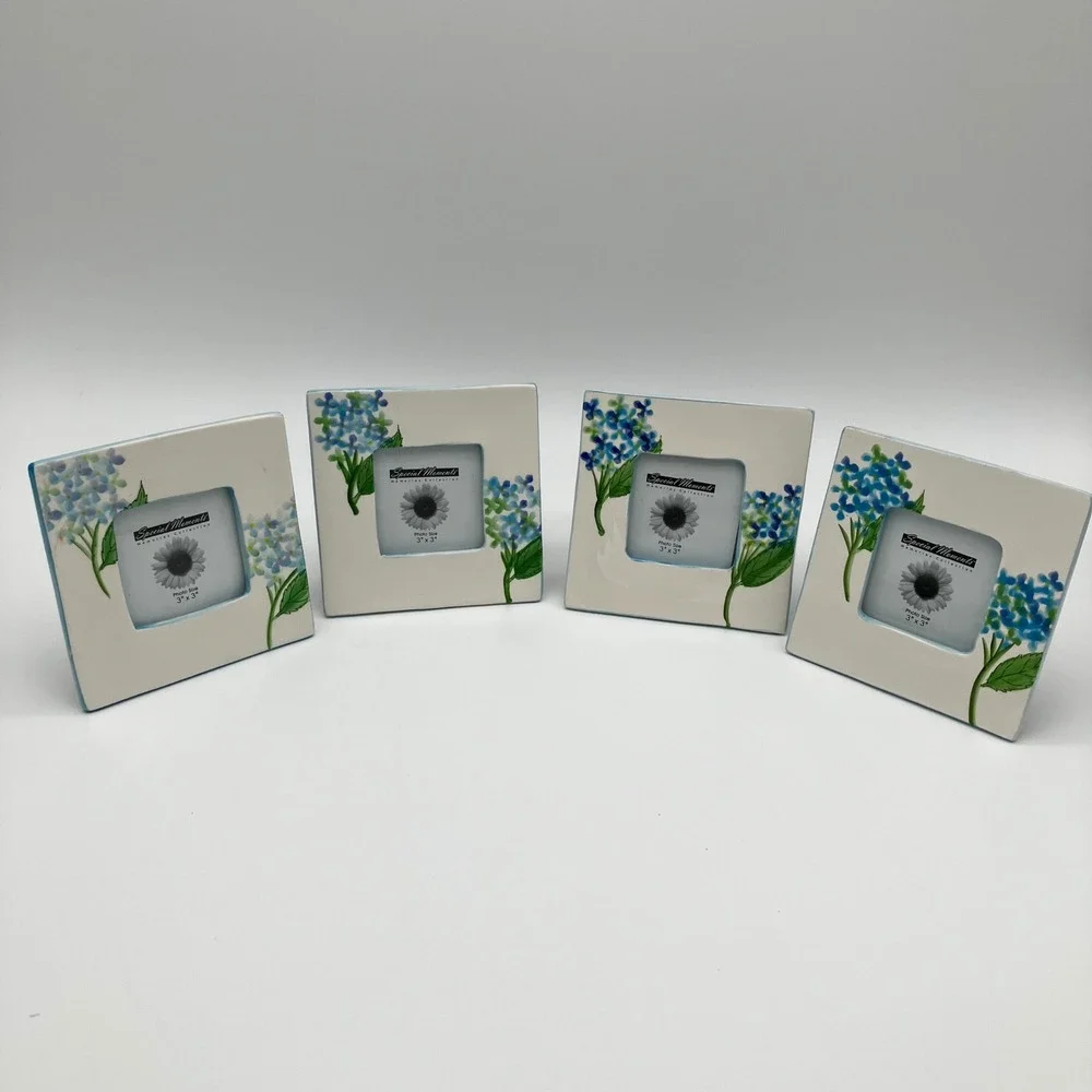 Tradewind Bay Photo Frame Set 4 3x3 White Blue Hydrangea Ceramic Floral